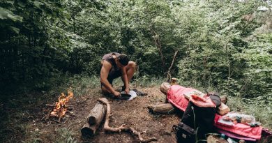 Feu de camp en cours de préparation en forêt avec le matériel de bushcraft étalé au sol